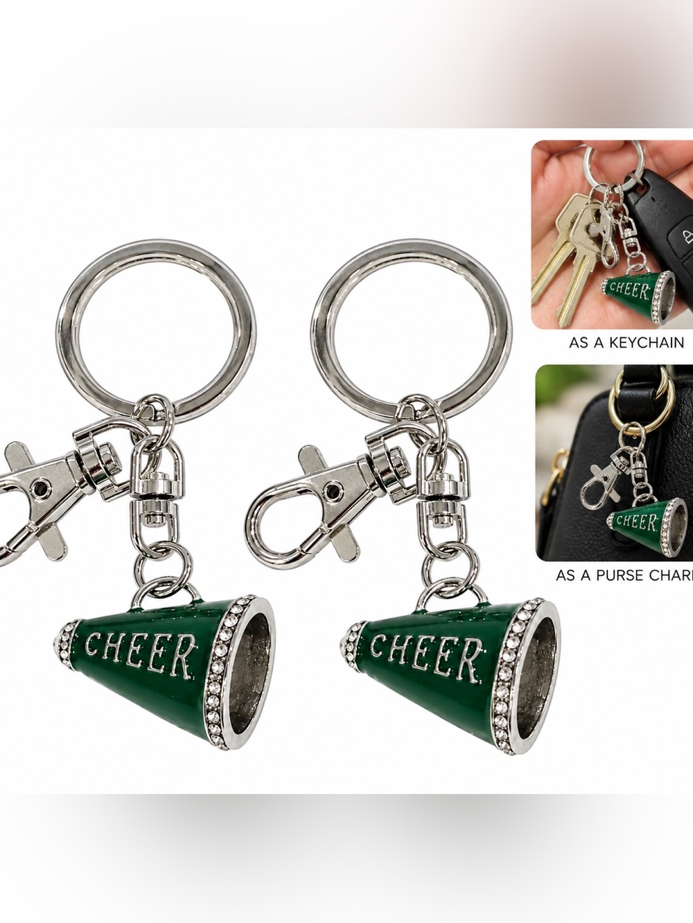 2 Cheer enamel Megaphone Keychain Set Green Silver purse bag cheerleader gift